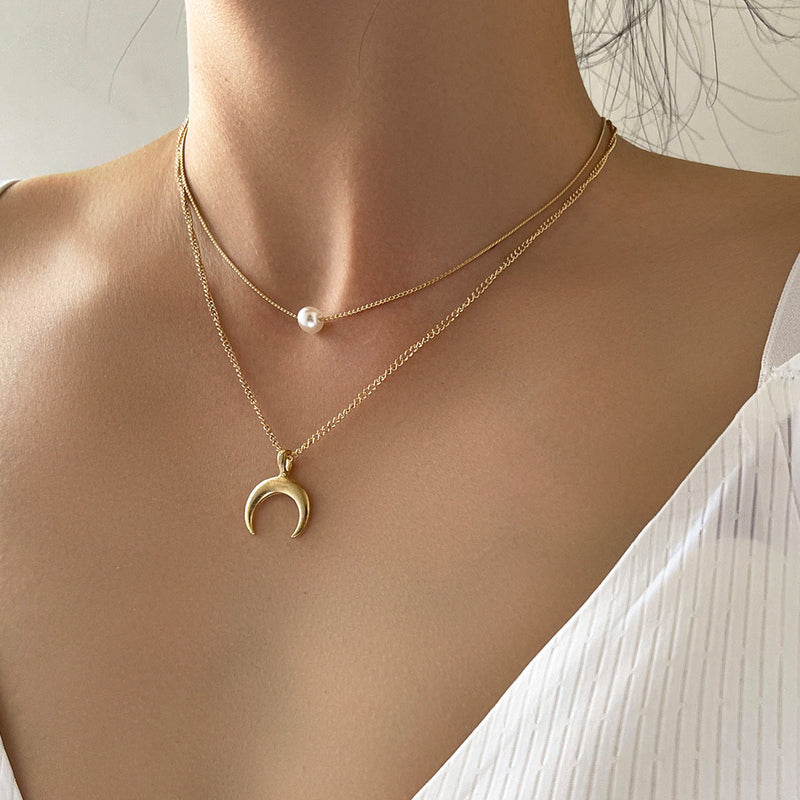 Double Layer Crescent Pearl Pendant Necklace