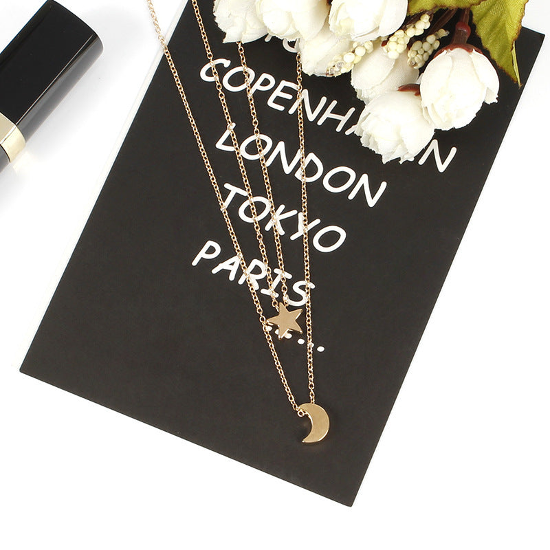 Alloy Star Moon Pendant Two Layered Necklace