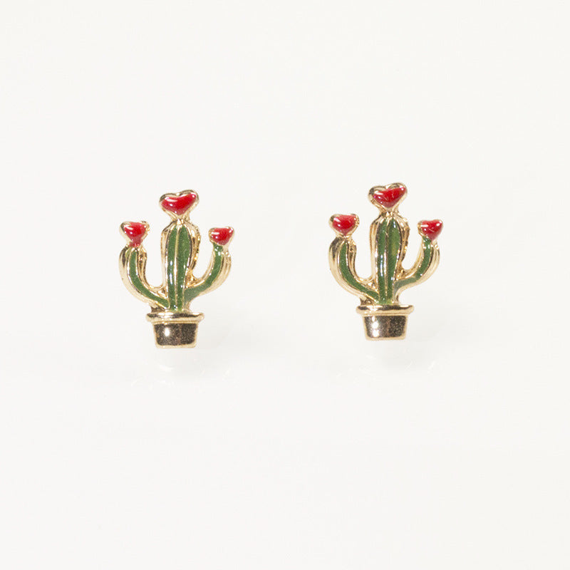 Green Cactus Enamel Stud Earrings