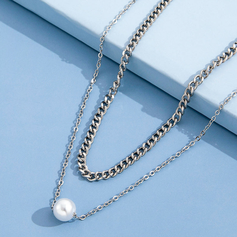 Double Layered Pearl Necklace Women Neck Chain