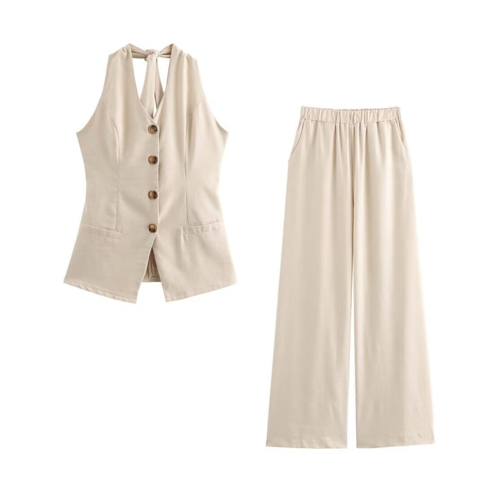 Women's Linen Halter Lace-up Top Vest Elastic Waist Wide Leg Trousers Suit