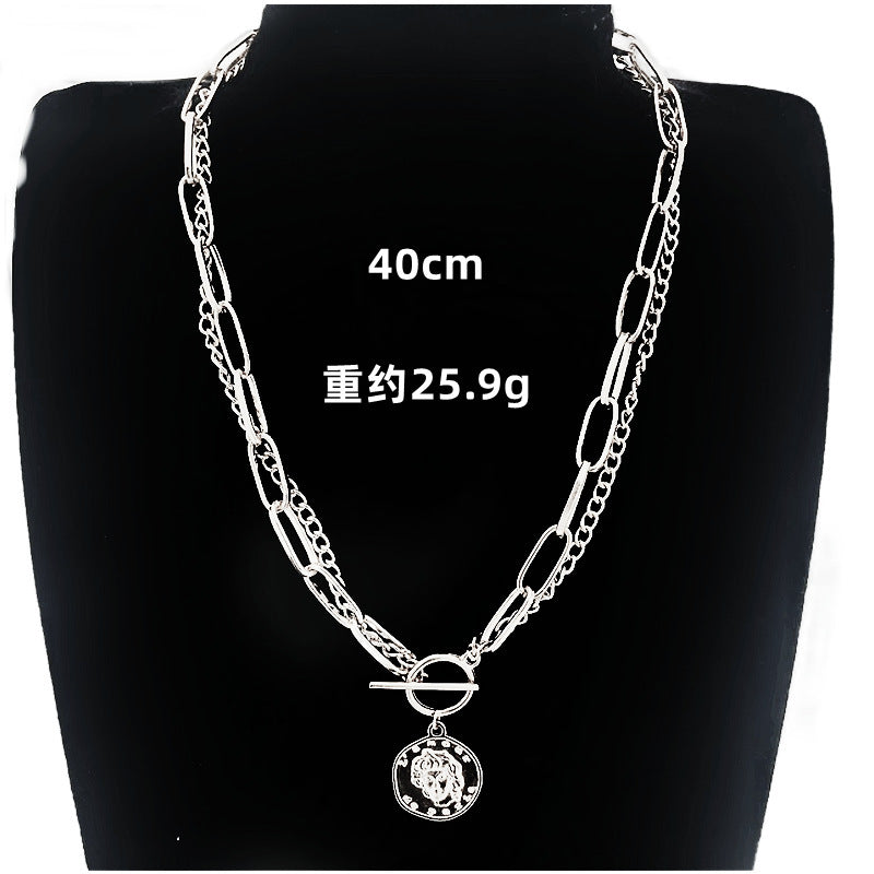 Double Layer Stacked Women Necklace Circular Pendant