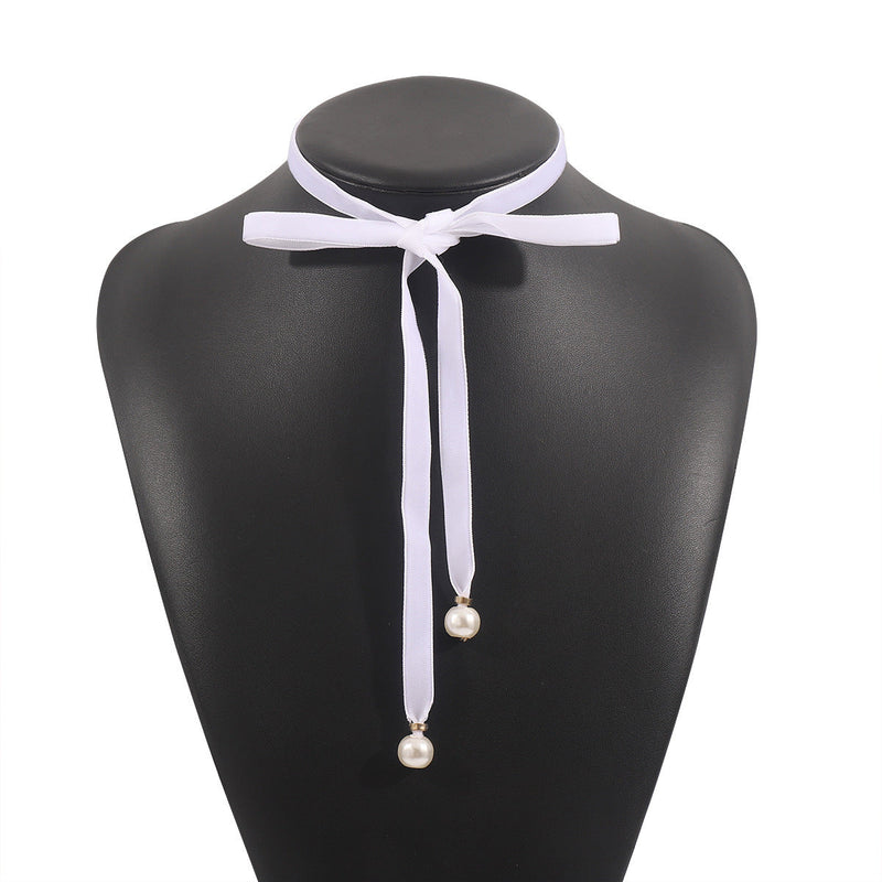 Women Velvet Pearl Bow Choker Simple Long Lace up Necklace