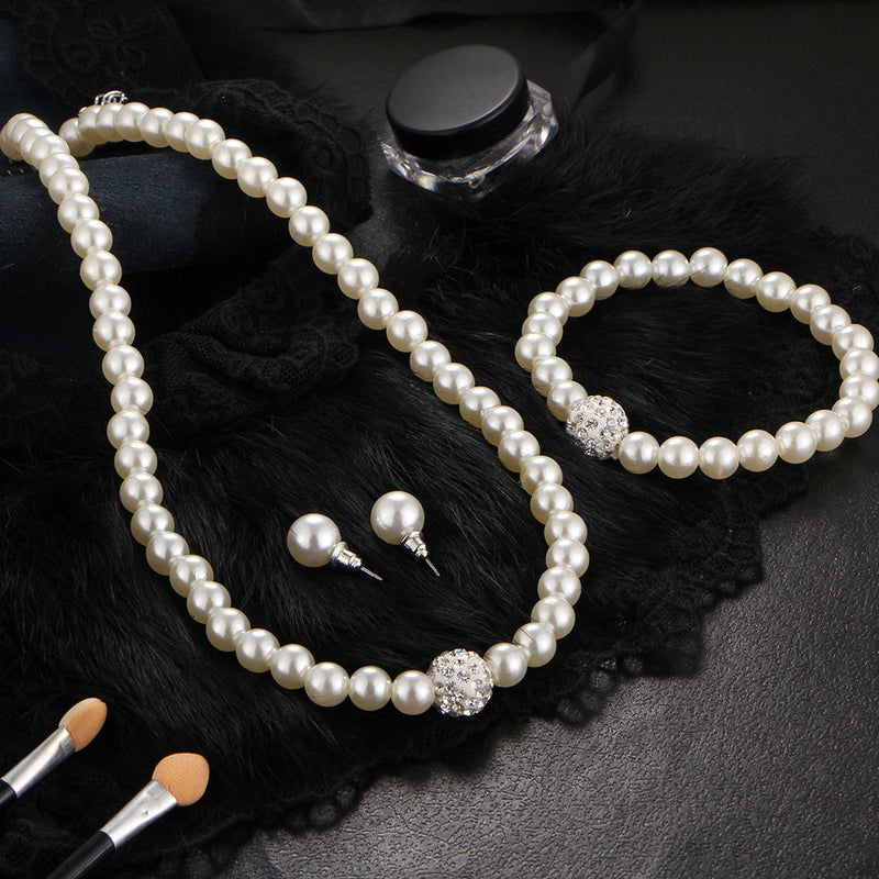 3 PCS Set Pearl Necklace Bracelet Earring Party Jewelry Set