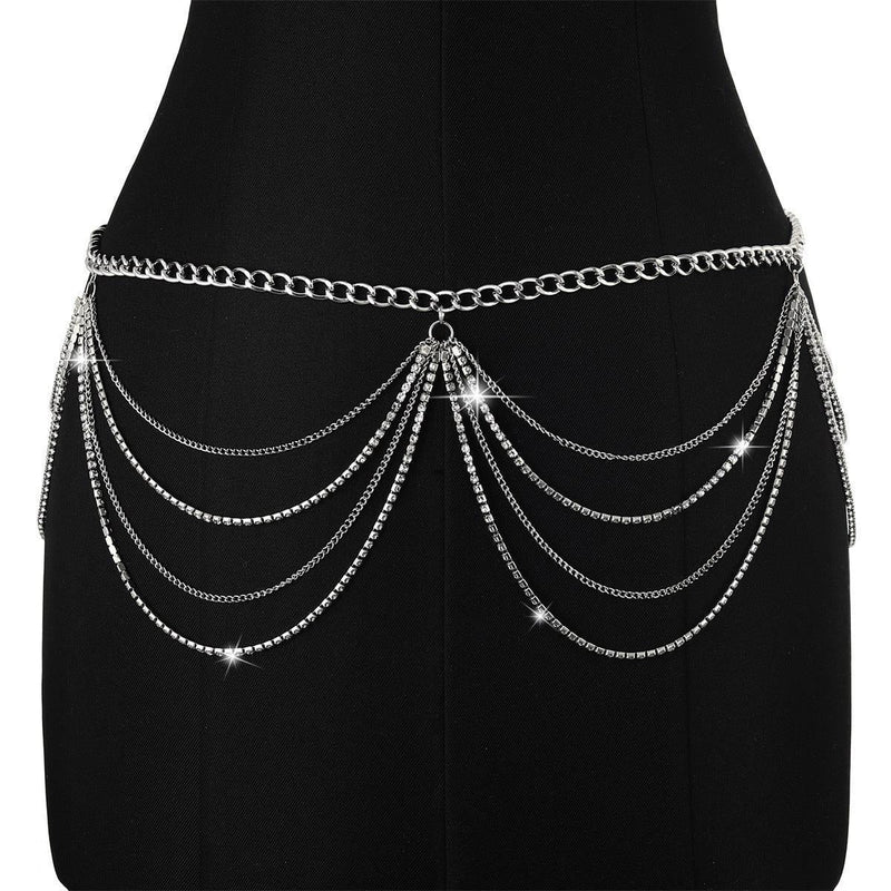 Metal Rhinestone Waist Chain Tassel Multi-layer Waist Chain