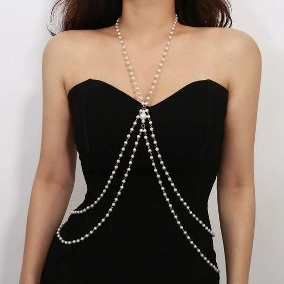Double Layer Cross White Pearl Waist Chain for Women