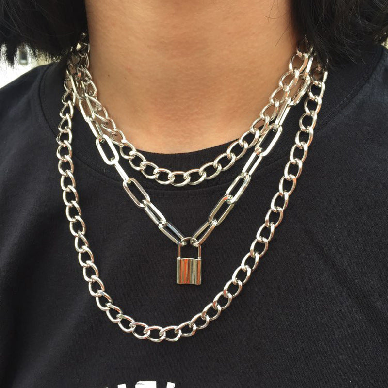 Layered Chain Necklace Neck Chains Lock Pendant Jewelry