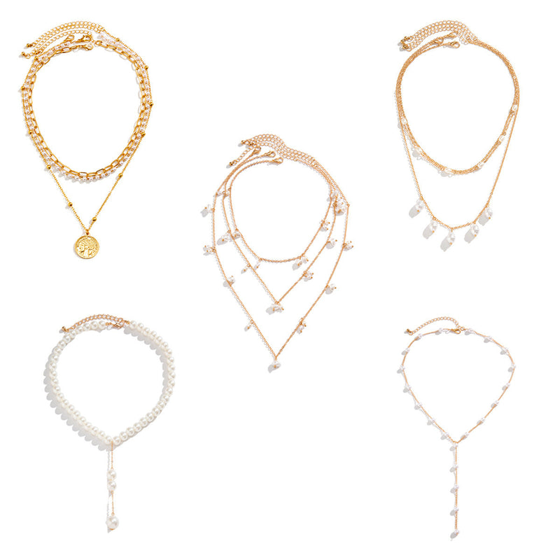 Women Pearl Bead Multi-layer Collarbone Chain Necklace