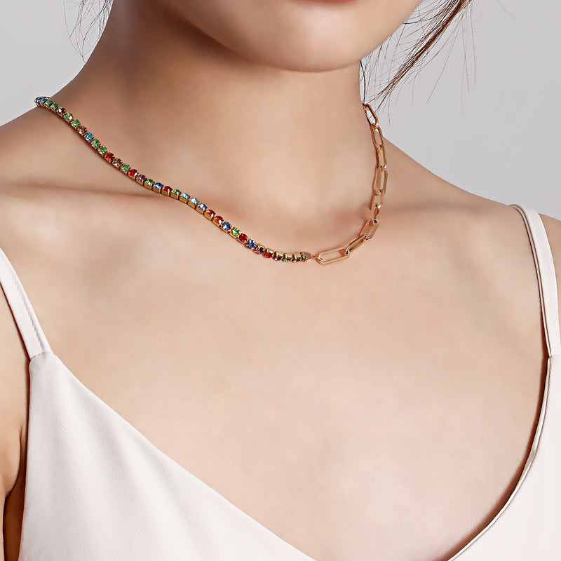 Paper Clip Chain with Colorful Zirconia Tennis Necklace