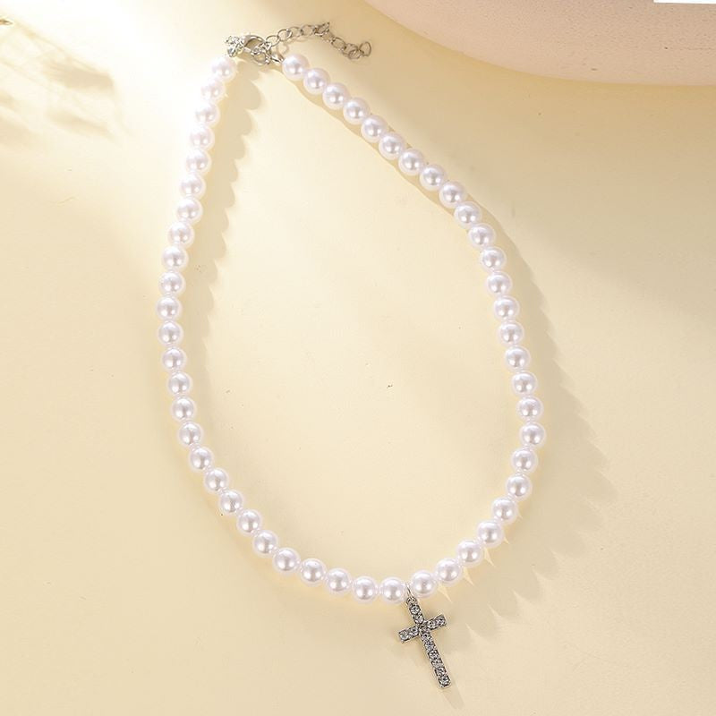 Choker Cross Pendant Pearl Beaded Necklace