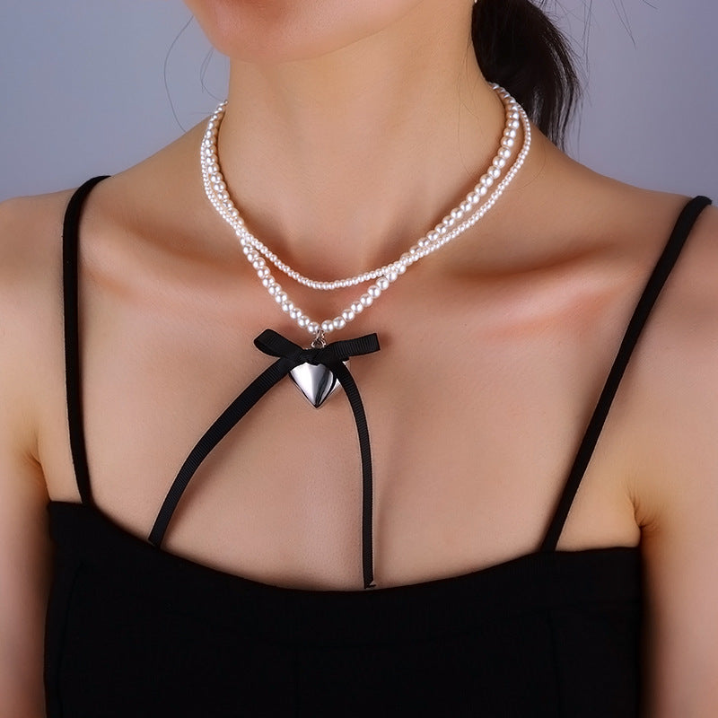 Multi-layer love Pearl Bow Necklace