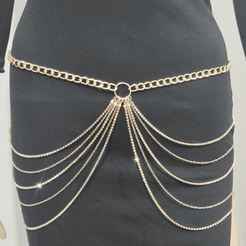 Fashion Metal Rhinestone Waist Chain Tassel Multi-layer Waist Chain