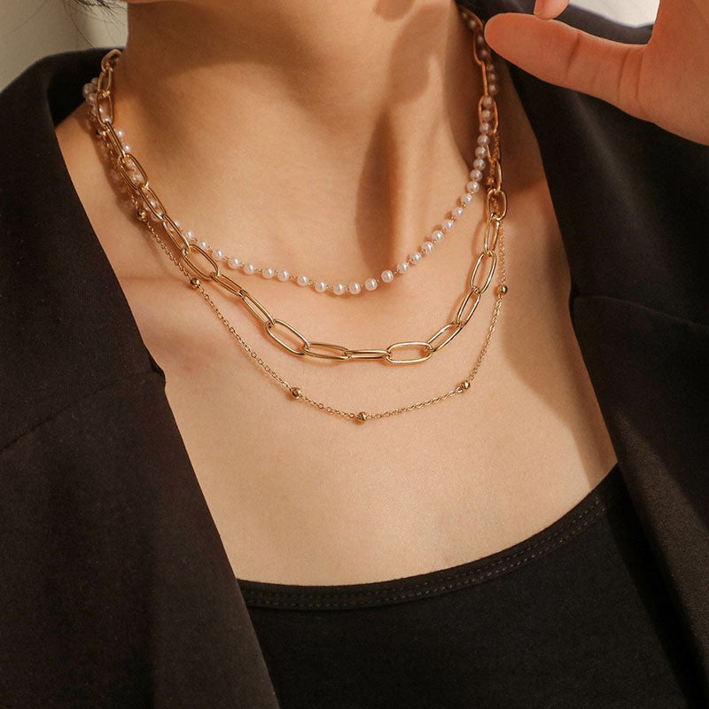 Multilayered Pearl Paperclip/box Link Chain Layered Necklace