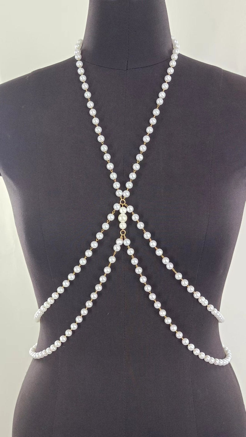 Double Layer Cross White Pearl Waist Chain for Women
