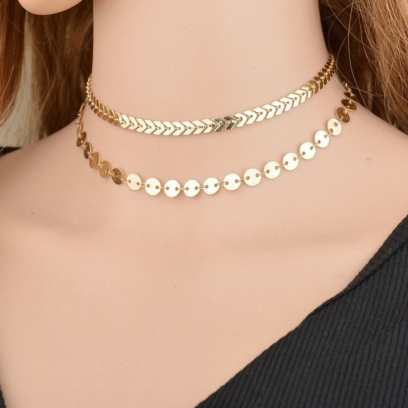 Layered Choker Metal Disc Chain Necklace