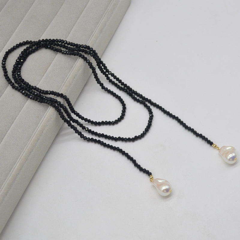 Sweater Necklace Black Crystal Pendant