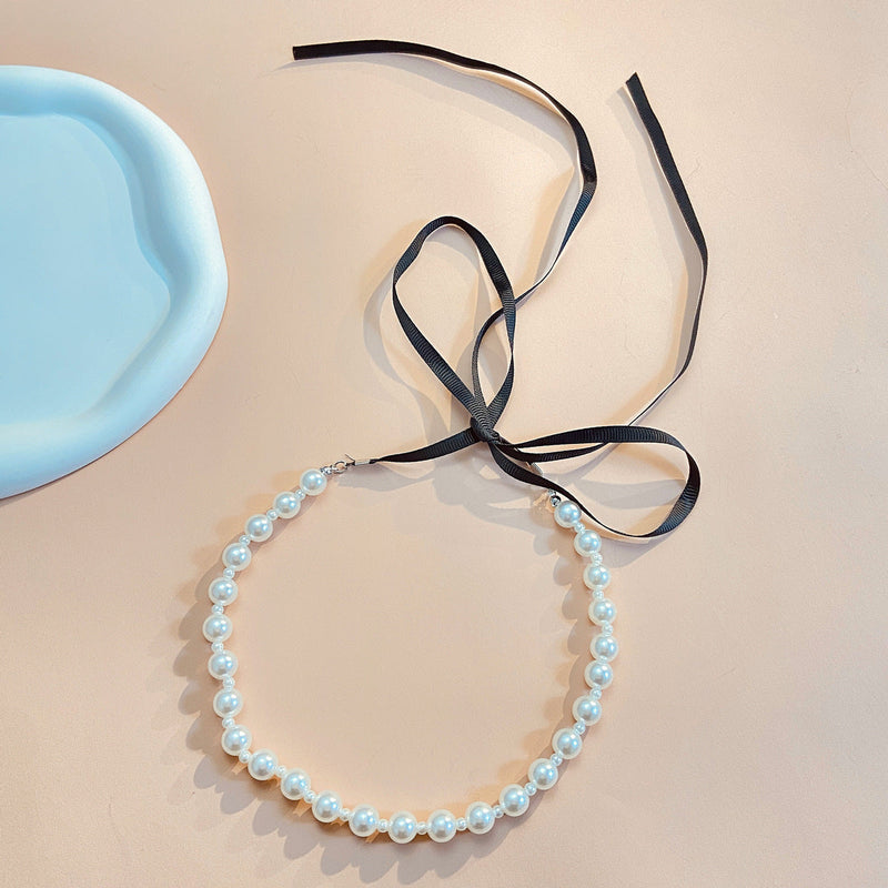 Women Jewelry Long Black Velvet Ribbon Bow Pearl Necklace