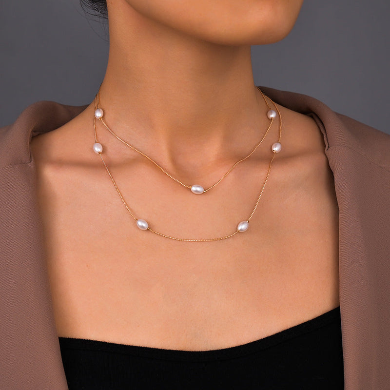 Pearl Beaded Double Layer Thin Chain Necklace