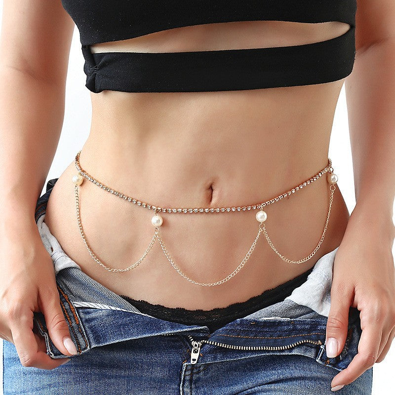Classic Retro Simple Rhinestone Pearl Body Chain