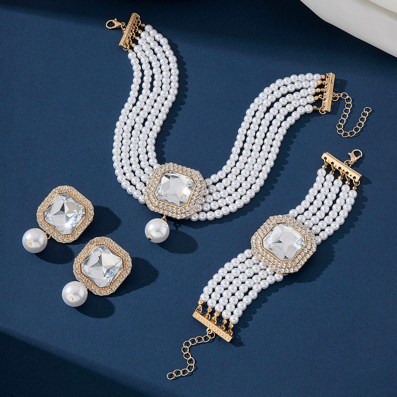 Luxury Exaggerated Bride Jewelry Women Imitation Pearl Necklace Earrings Set