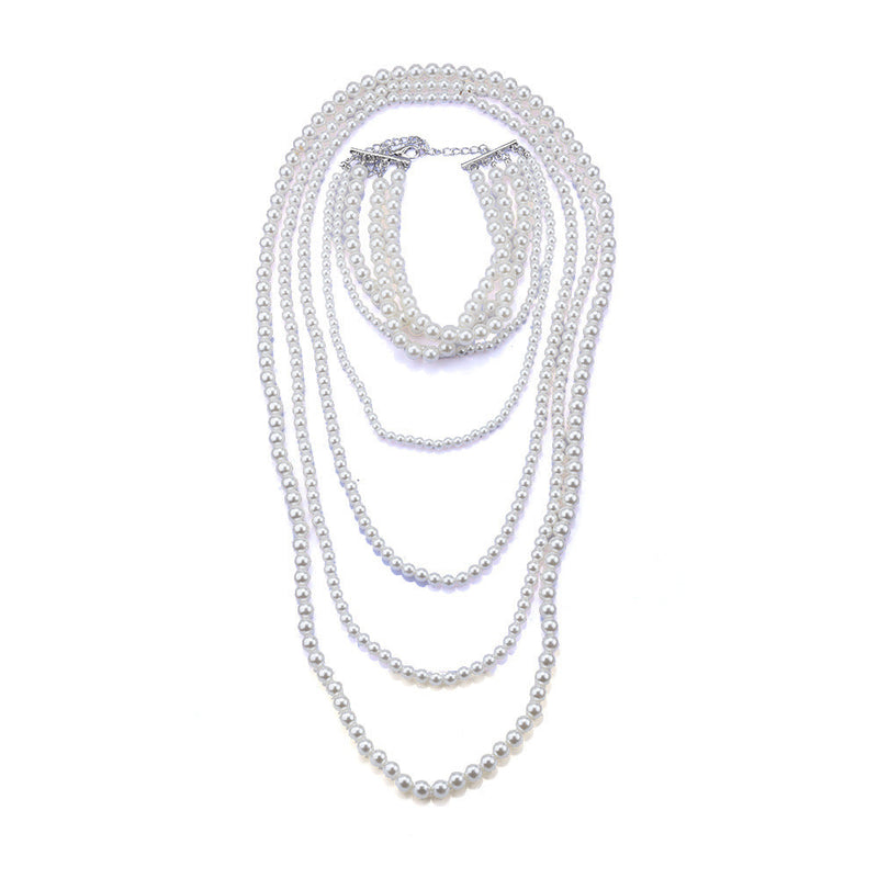 Multiple Long Beaded Vintage Collar Jewelry Imitation Pearl Baroque Style Necklace