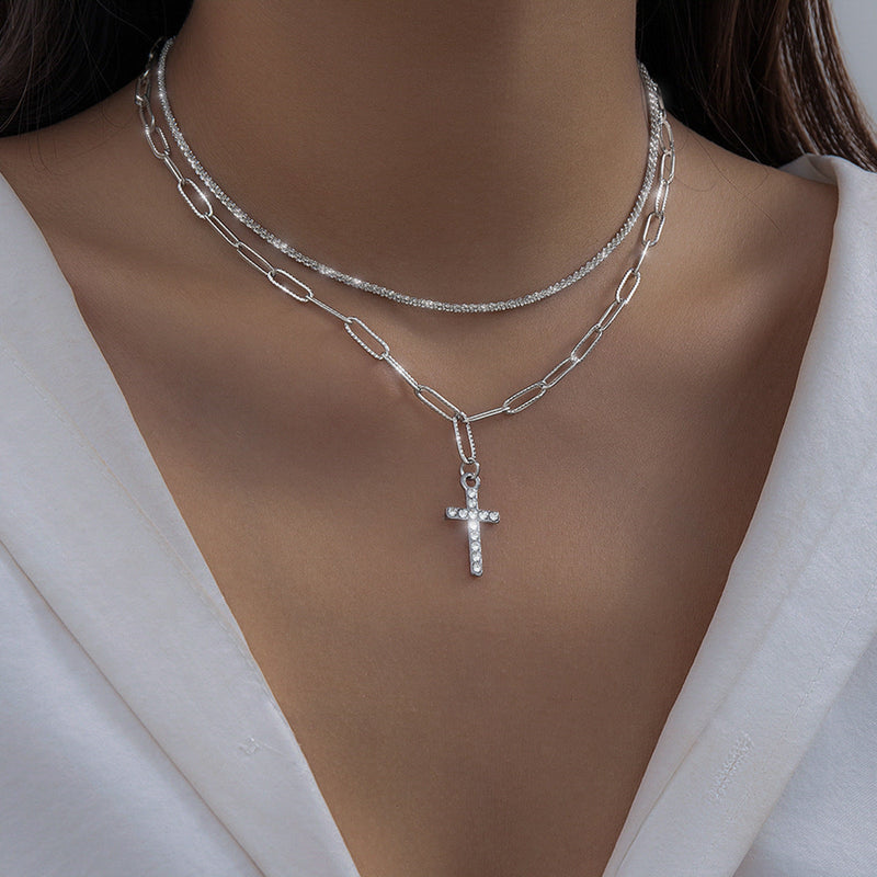 Retro Rhinestone Cross Pendant Multi-layer Chain Necklace Jewelry