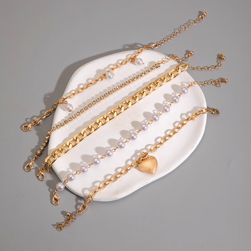 Pearl Beads Layered Bracelet Set Love Heart Pendant