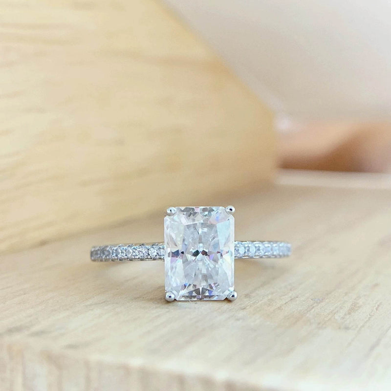 S925 Radiant Cut Moissanite & High Carbon Engagement Ring with Pavé-Set Band, 1-3ct VVS1 Certified, 4-Prong Sterling Silver
