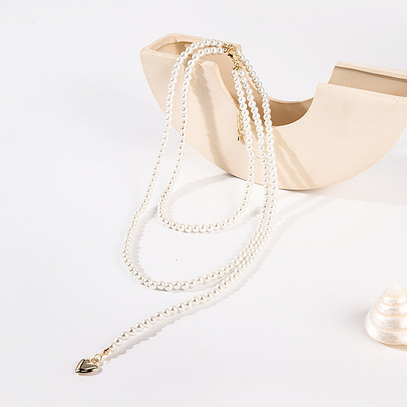 Long Pearls Necklace Layer Beads Heart Pendant Vintage Jewelry