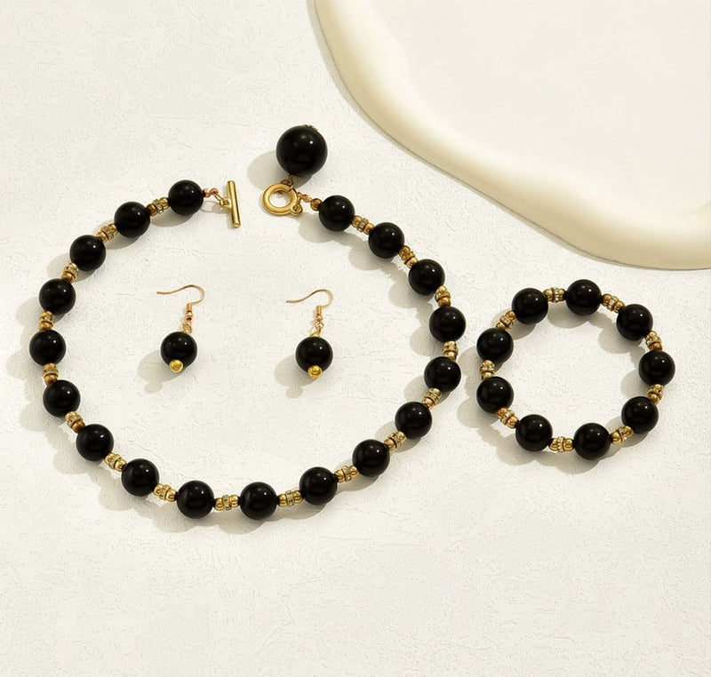 Retro Beaded Pearl Necklace Bracelet Earrings Jewelry Set