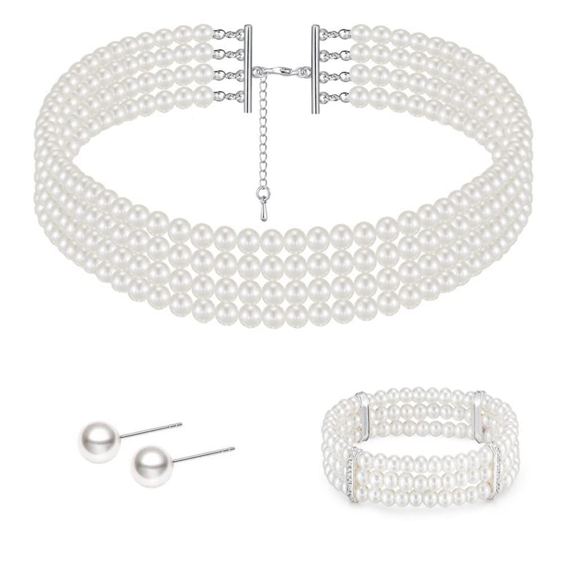 Layered Choker Pearl Necklaces Jewelry Set