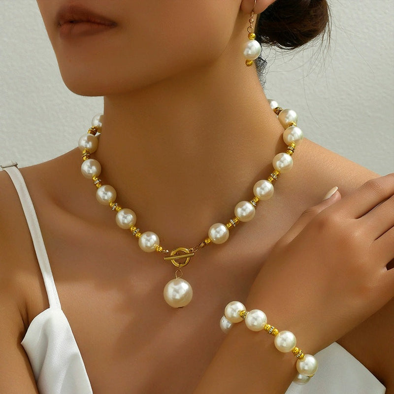 Retro Beaded Pearl Necklace Bracelet Earrings Jewelry Set