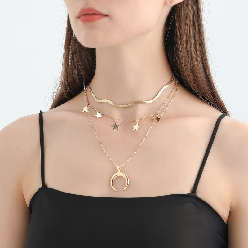 Geometry Star Moon Pendant Multilayer Chain Choker Necklace