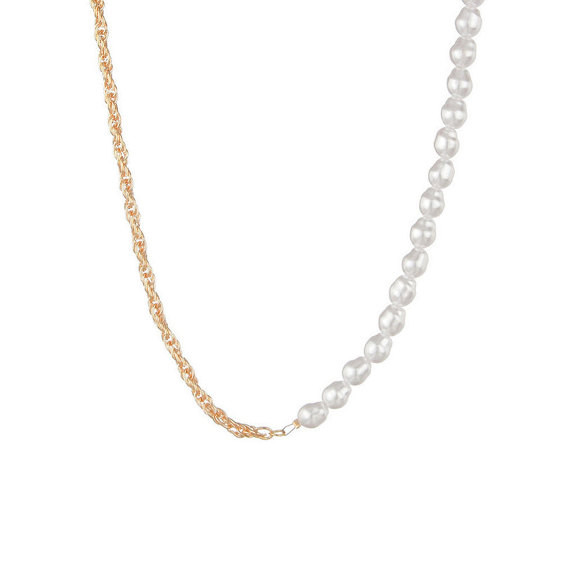 Chain Link Choker Necklace Half Pearl