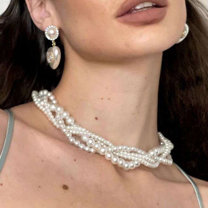 White Pearl Layered Necklace Multi Strand Beaded Pearl Necklace