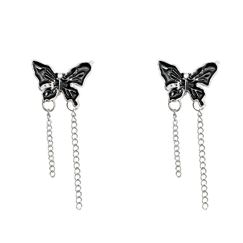 Black Enamel Butterfly Tassel Earrings