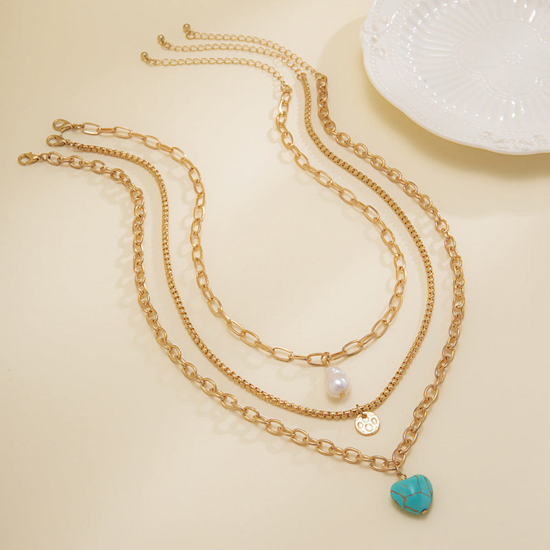 Women Ethnic Baroque Pearl Necklace Set Vintage Turquoise Heart Necklace