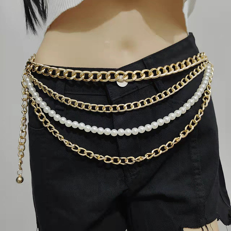 Metal Pearl Belt Chain Multi-layer Chain Belt Pearl Layered Waist Chain
