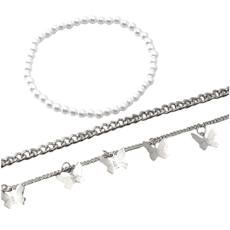 Layered Foot Chain Cuban Link Anklet Pearl Butterfly Ankle Bracelet