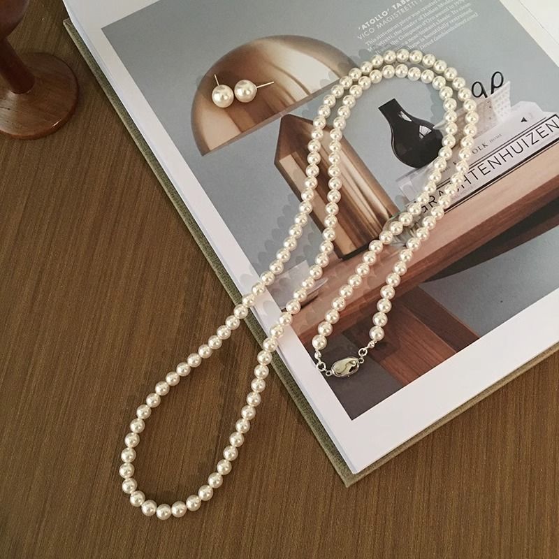 Women Sweater Chain Necklace French Fashion Long Pearl Beads Neckalce Set