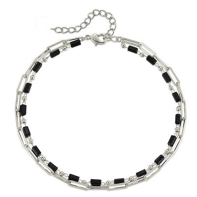 Beach Black Crystal Anklet Chain Layer Beaded Foot Bracelet