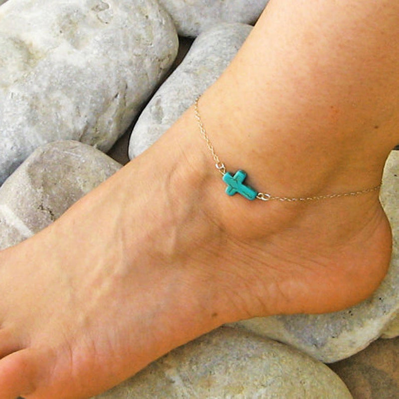 Simple Turquoise Cross Foot Bracelet