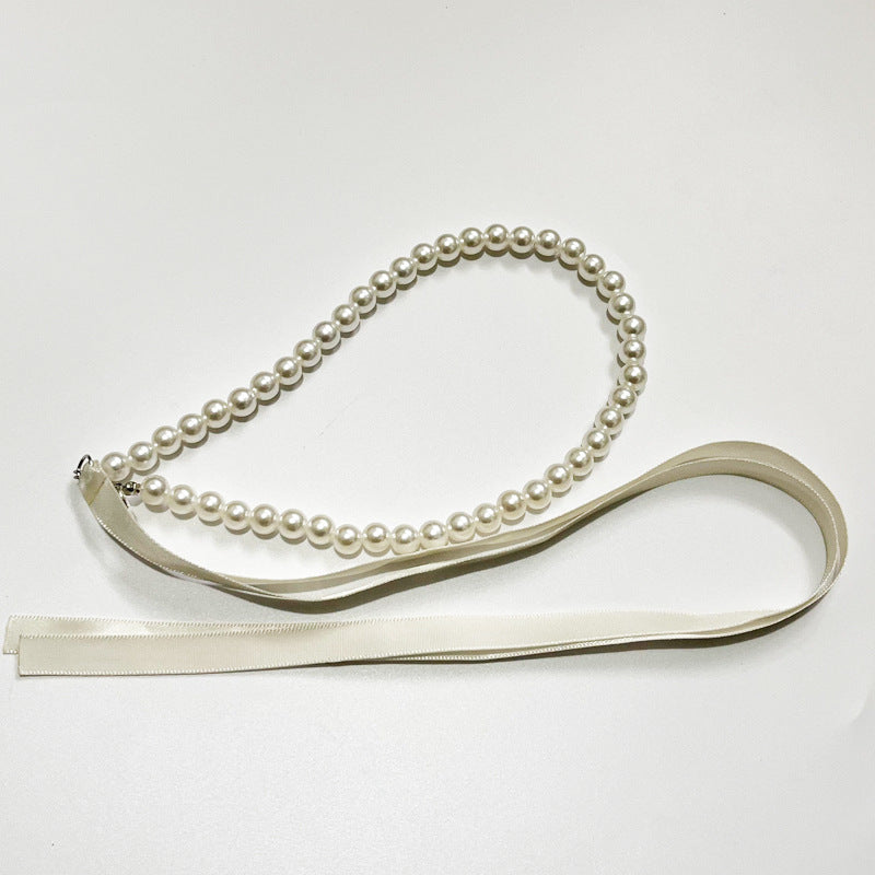 White Imitation Pearl Choker Necklace Women Long Black Ribbon