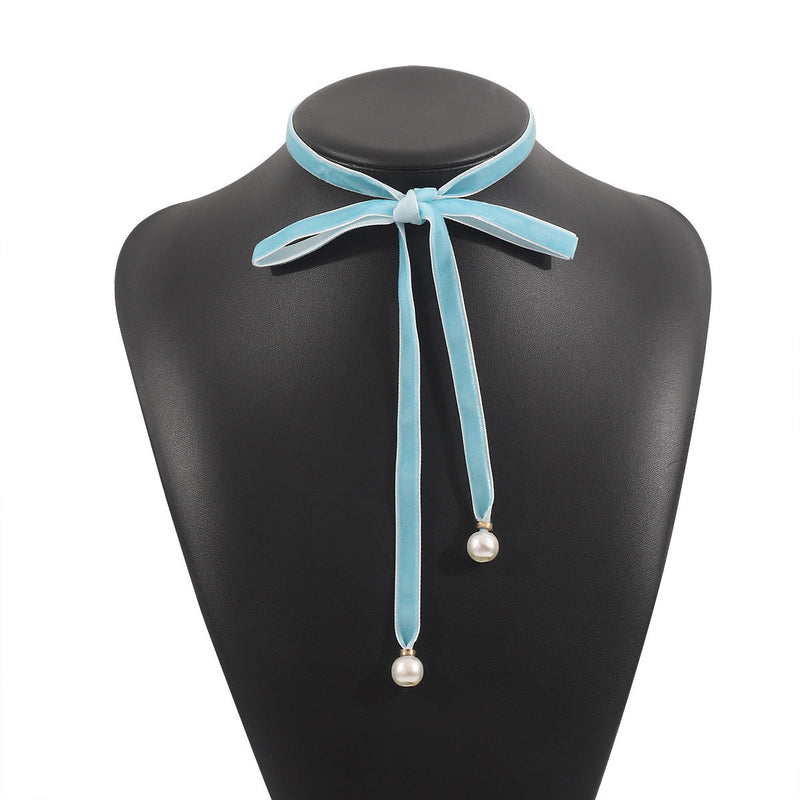 Women Velvet Pearl Bow Choker Simple Long Lace up Necklace