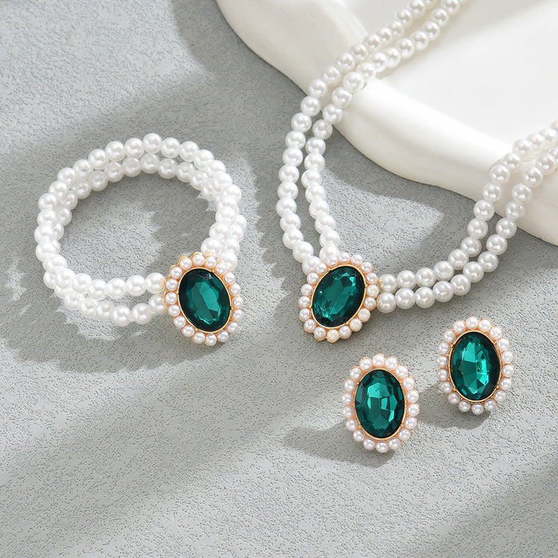 Multi Layer Pearl Chain Choker Necklace Bracelet Earring Set