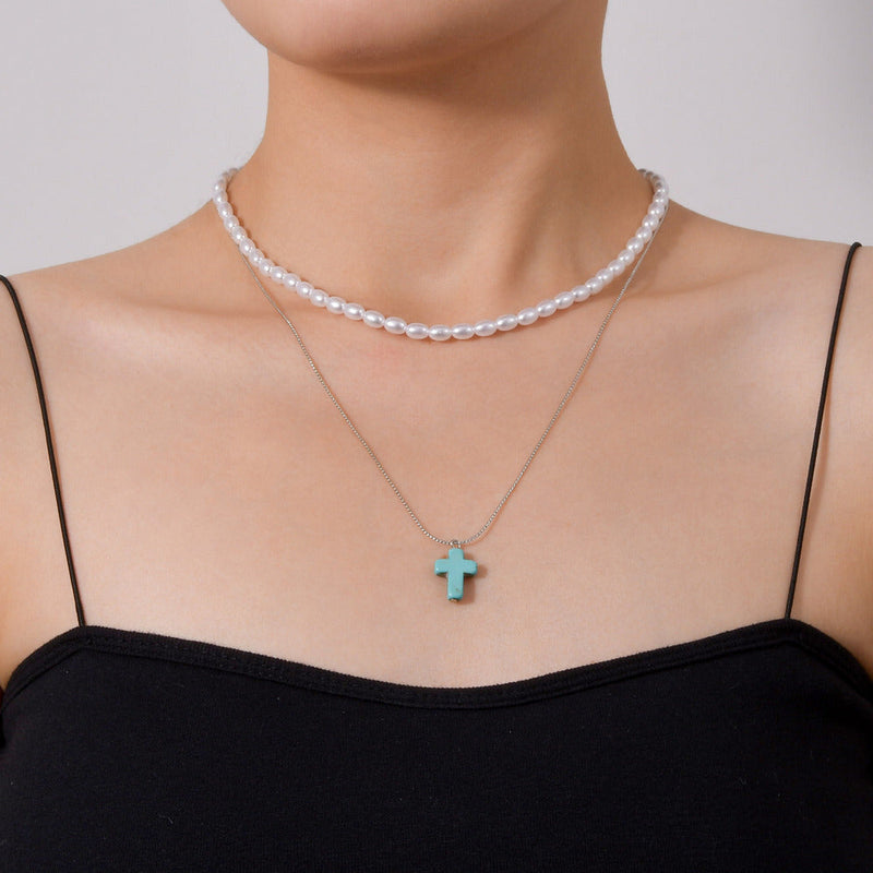 Turquoise Cross Pendant Stone Pearl Multi Layer Necklace