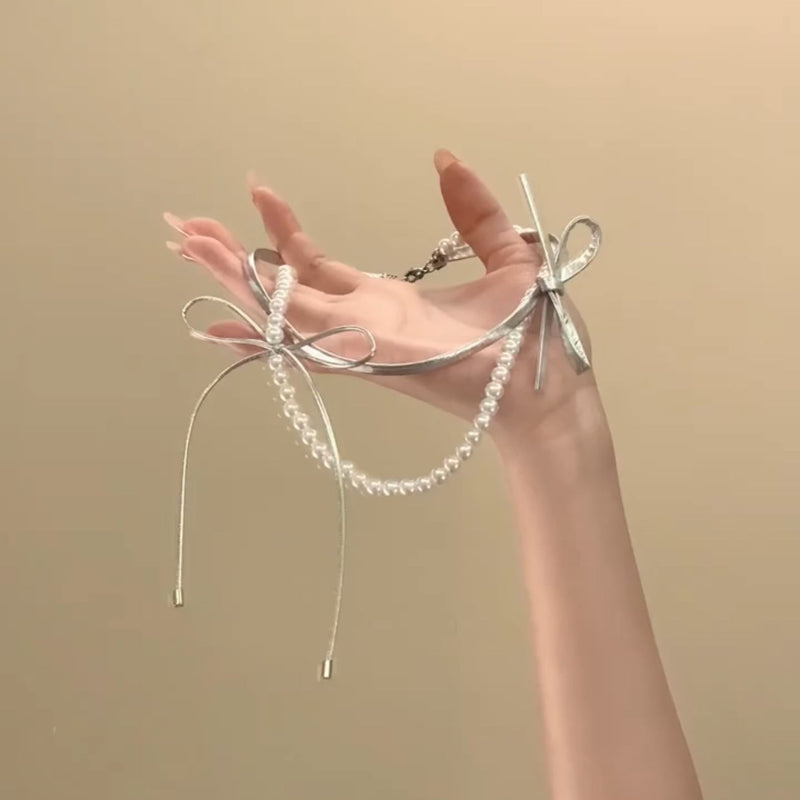 Double-layer Pearl Leather BowKnot Collar Necklace