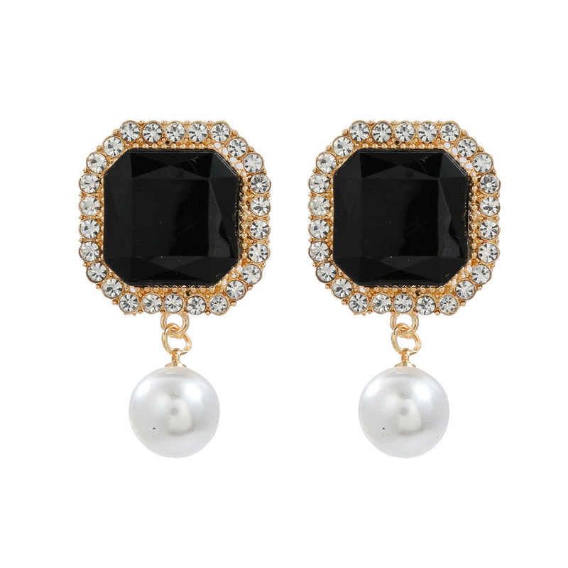 Square Rhinestone Simple Pearl Drop Earring
