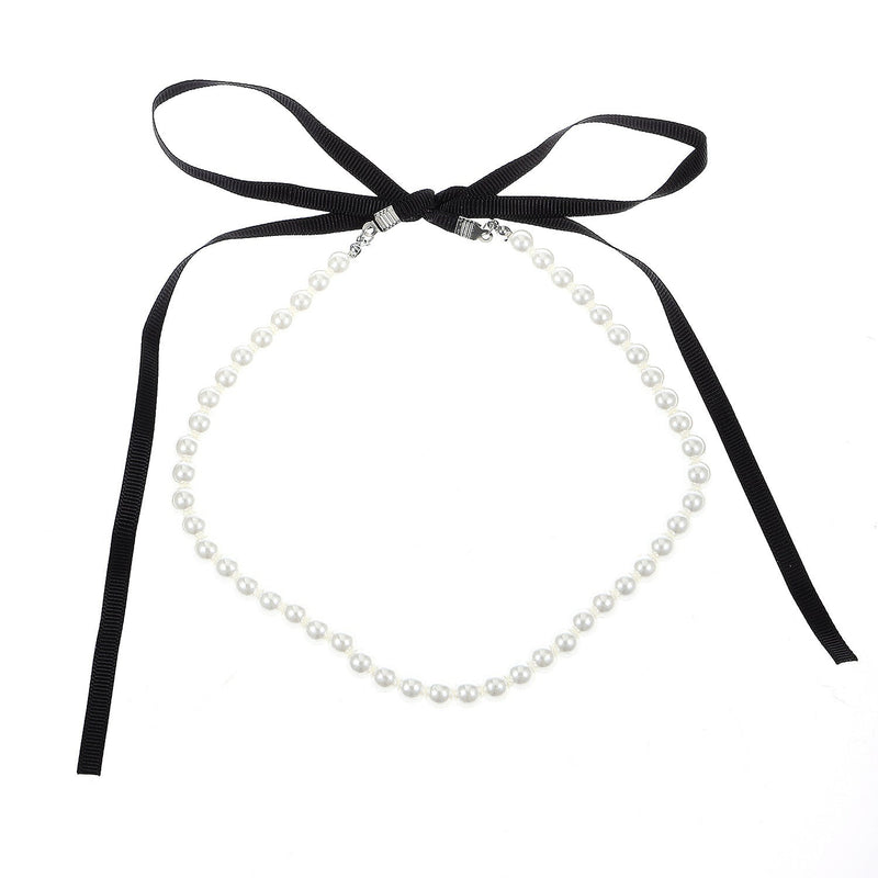 Women Jewelry Long Black Velvet Ribbon Bow Pearl Necklace