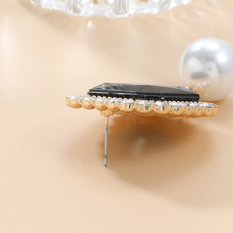 Square Rhinestone Simple Pearl Drop Earring